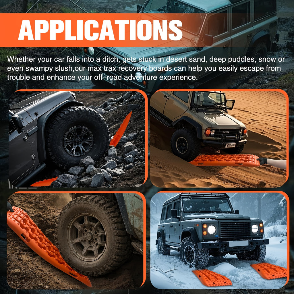 Off-Road Traction Boards, Recovery Boards for 4WD Mud, Sand, Snow, Rock Tracks.4X4 Pair Recovery Tracks Tire Traction Mats with 2 Straps for RV Truck Jeep SUV- Tire Traction Pads for RV Truck 4X4 Jeep SUV Emergency Tire Traction, Orange, Red