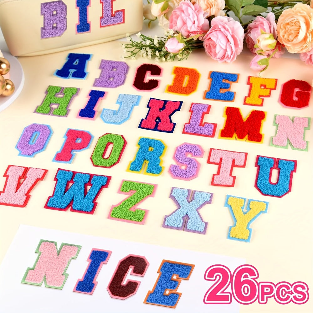 Chenille Letter Patches Self Adhesive A-Z 26pcs – Embroidered Alphabet Applique Stickers for Clothes Bags Hats Phone Cases, DIY Craft Personalized Patch Set Gift for Teens & Kids