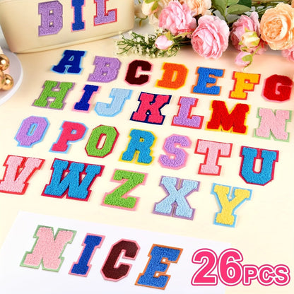 Chenille Letter Patches Self Adhesive A-Z 26pcs – Embroidered Alphabet Applique Stickers for Clothes Bags Hats Phone Cases, DIY Craft Personalized Patch Set Gift for Teens & Kids