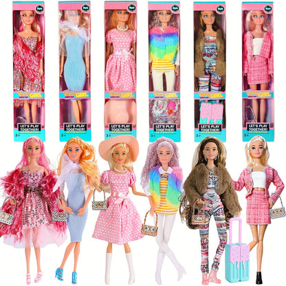 Fashion Doll Set 6 Pack 11.5 Inch Poseable Princess Dolls with Stylish Outfits Handbag Hat Crown Necklace Suitcase Individual Gift Box for Girls Kids Birthday Christmas