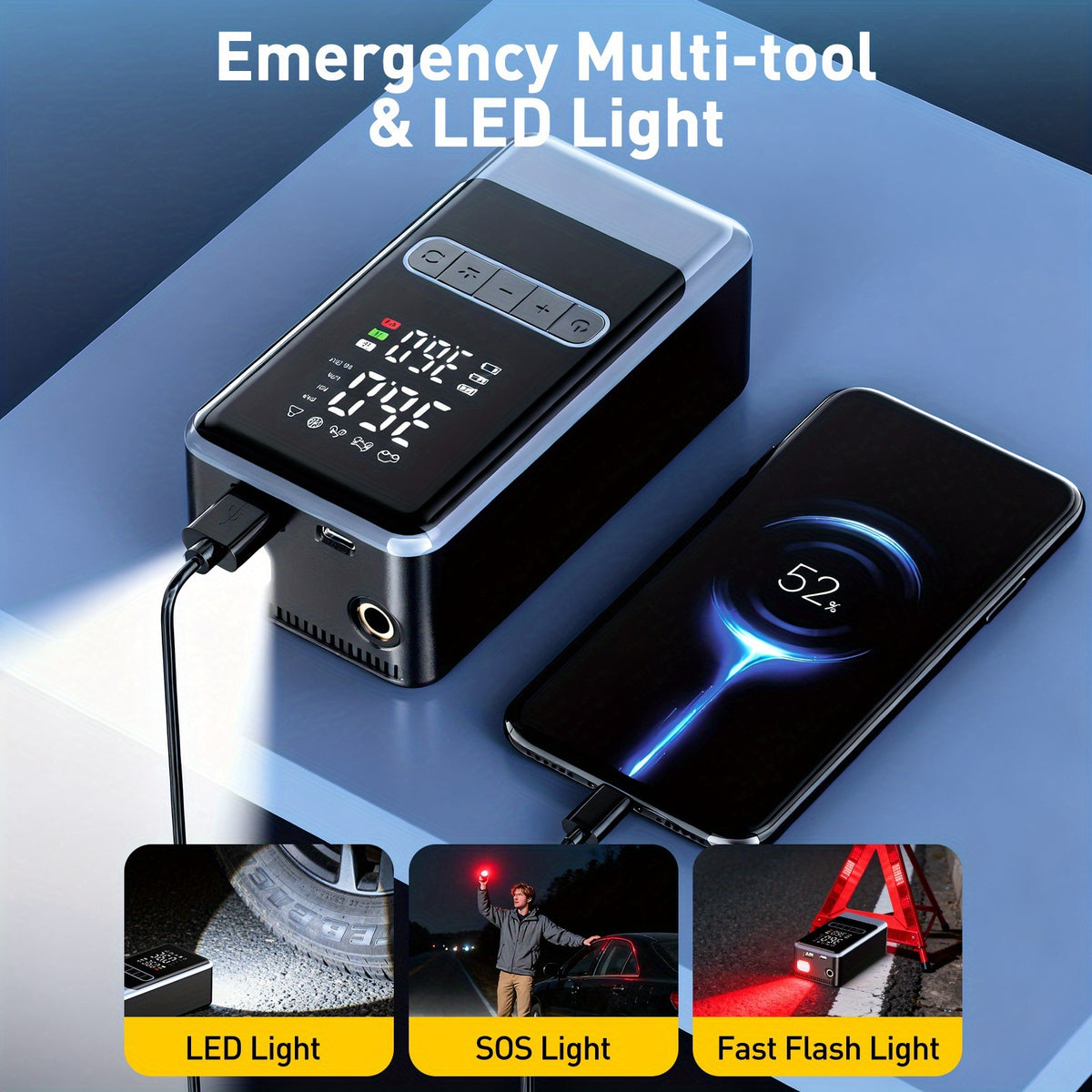 Portable Air Compressor | 150PSI Cordless Tire Inflator with Digital Pressure Gauge and LED Light, USB Charging, Quick Charge, Lithium Polymer Battery, for Car, Moto, Bicycle, Roadside Assistance and Emergency Support in All Terrains