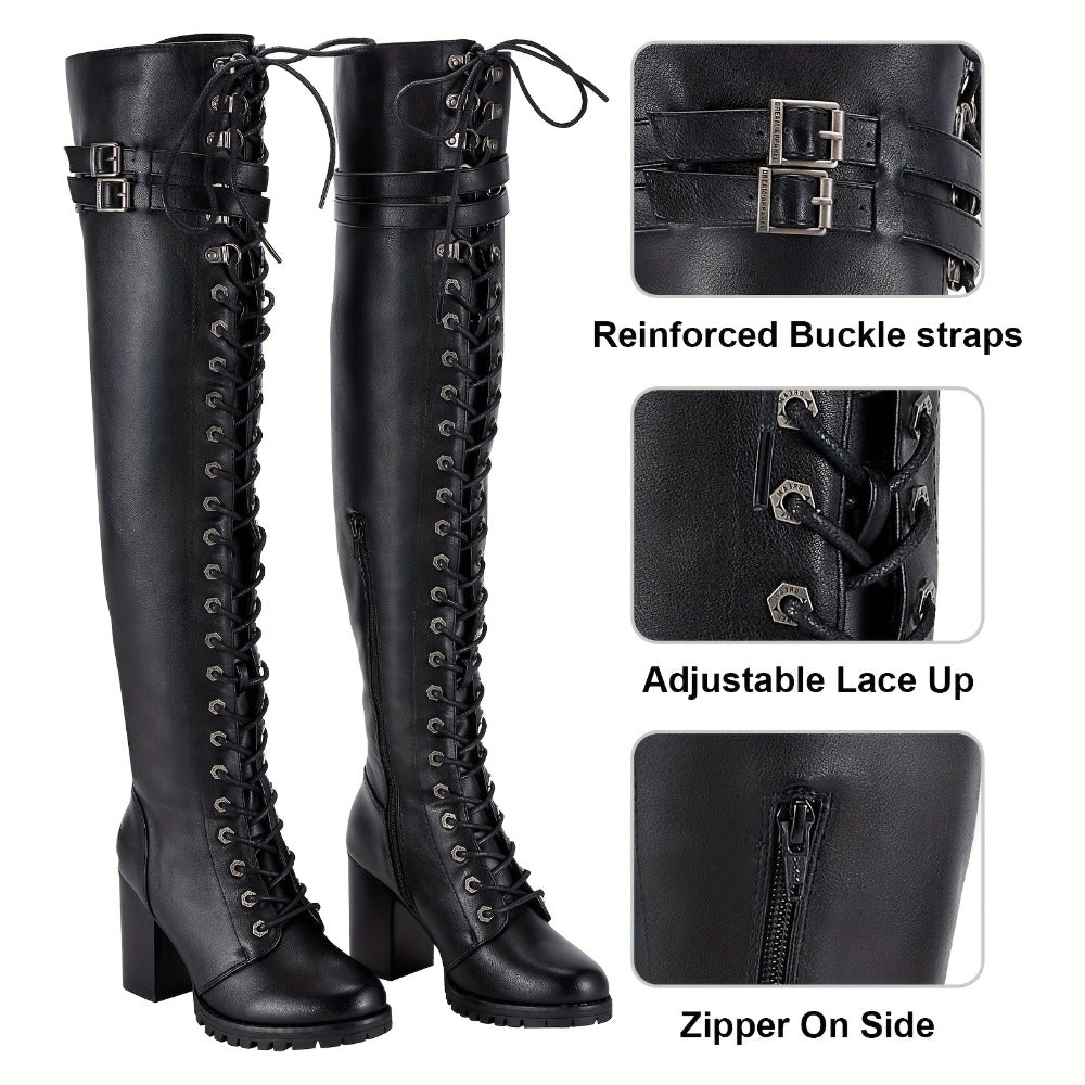 Women's Over-the-Knee Biker Boots, Faux Leather Thigh High Lace-Up Knee High Boots with Chunky Heel & Buckle, Sexy Round Toe Riding Boots in Black, US Sizes 6–10