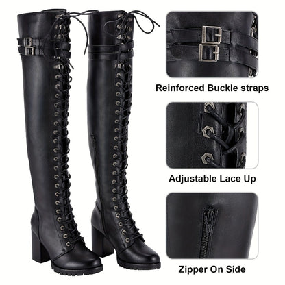 Women's Over-the-Knee Biker Boots, Faux Leather Thigh High Lace-Up Knee High Boots with Chunky Heel & Buckle, Sexy Round Toe Riding Boots in Black, US Sizes 6–10