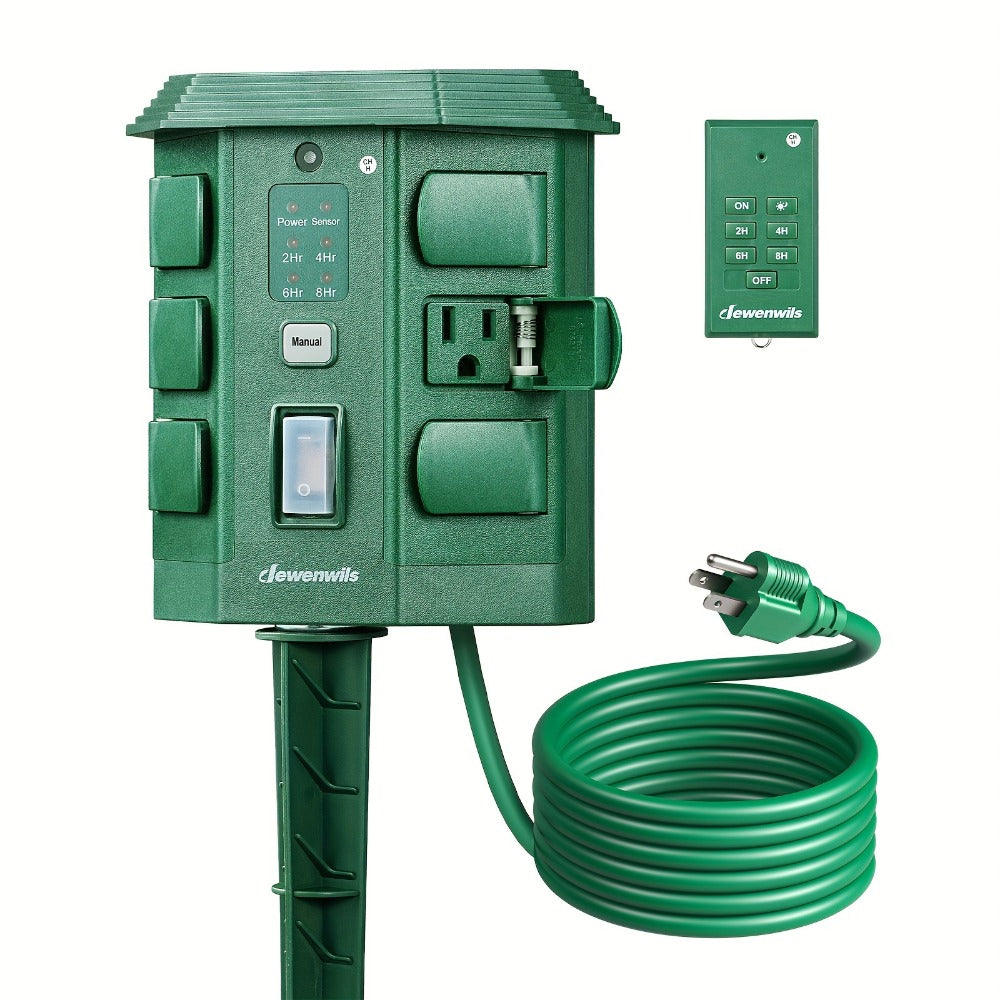 Outdoor Power Stake Timer 6 Outlet Weatherproof – 100FT Wireless Remote Control, Dusk to Dawn Photocell Sensor, 7 Timer Modes, 6FT Cord, Overload Protection for Garden Yard Christmas Holiday Lights