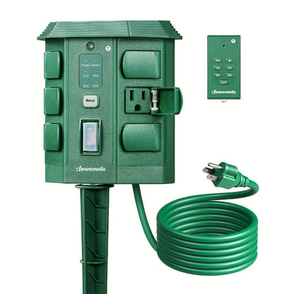 Outdoor Power Stake Timer 6 Outlet Weatherproof – 100FT Wireless Remote Control, Dusk to Dawn Photocell Sensor, 7 Timer Modes, 6FT Cord, Overload Protection for Garden Yard Christmas Holiday Lights