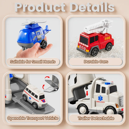 Ambulance Truck Toy Set for Boys – 5-in-1 Friction Power Carrier Truck with Lights & Sounds, Push & Go Emergency Vehicle Toys for Toddlers Kids Ages 3+, Birthday Christmas Gift for Boys