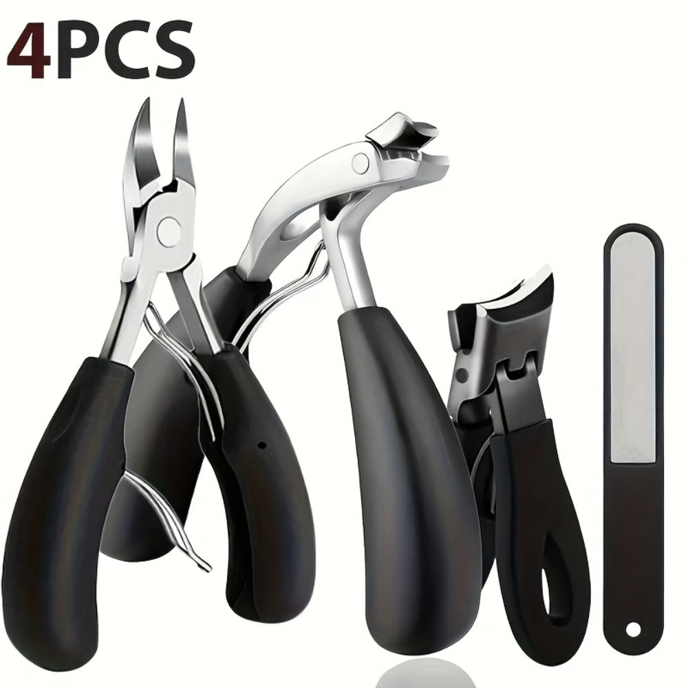 Heavy Duty Toenail Clipper Kit 4 Piece Stainless Steel | Convex Blade Ingrown Toenail Cutter with Nail File Ergonomic Non-Slip Handle | Thick Overgrown Nail Care Set for Men Women Seniors Diabetic Foot Care