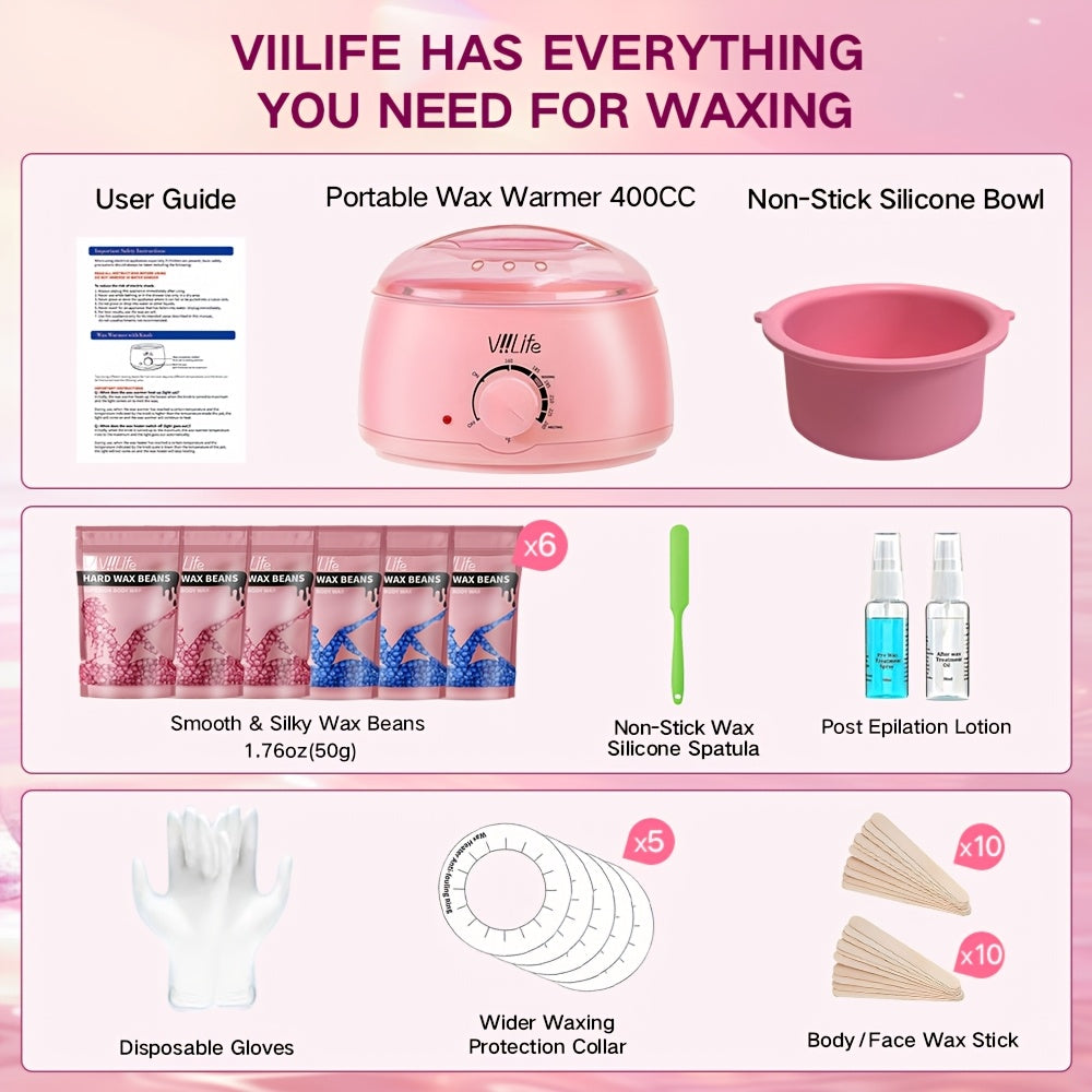 Hard Wax Warmer Kit 43 Piece Complete Home Waxing Set with Pink Hard Wax Beads - No Strip Hair Removal for Face Eyebrow Body Brazilian Bikini Underarm - Professional Wax Pot Machine for Women & Men