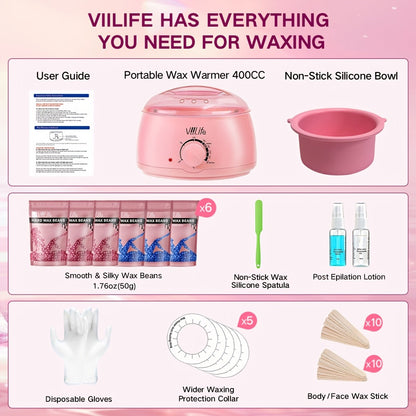 Hard Wax Warmer Kit 43 Piece Complete Home Waxing Set with Pink Hard Wax Beads - No Strip Hair Removal for Face Eyebrow Body Brazilian Bikini Underarm - Professional Wax Pot Machine for Women & Men
