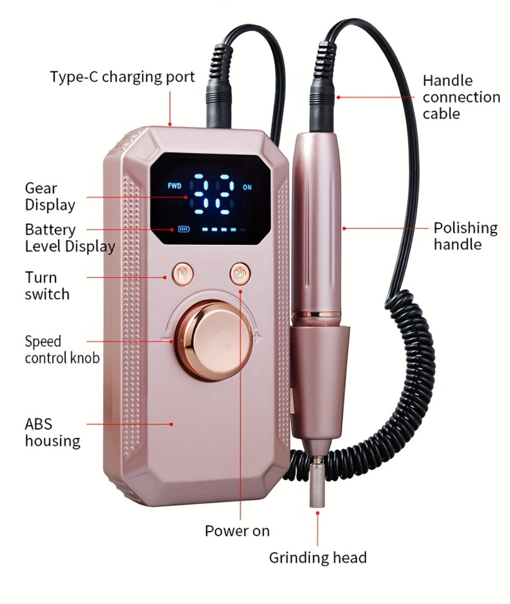 Cordless Electric Nail Drill Machine Rechargeable Professional E-File 11 Bits 20 Sanding Discs High Speed Acrylic Gel Natural Nails Polishing Portable Home Salon Black Pink White Grey Rose Gold