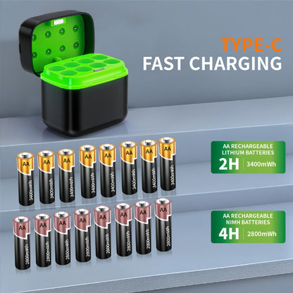 AA AAA Battery Charger Smart Hybrid Charger for NiMH and Li-ion Rechargeable Batteries with Integrated Storage Box Compatible with AA AAA Batteries Battery Not Included