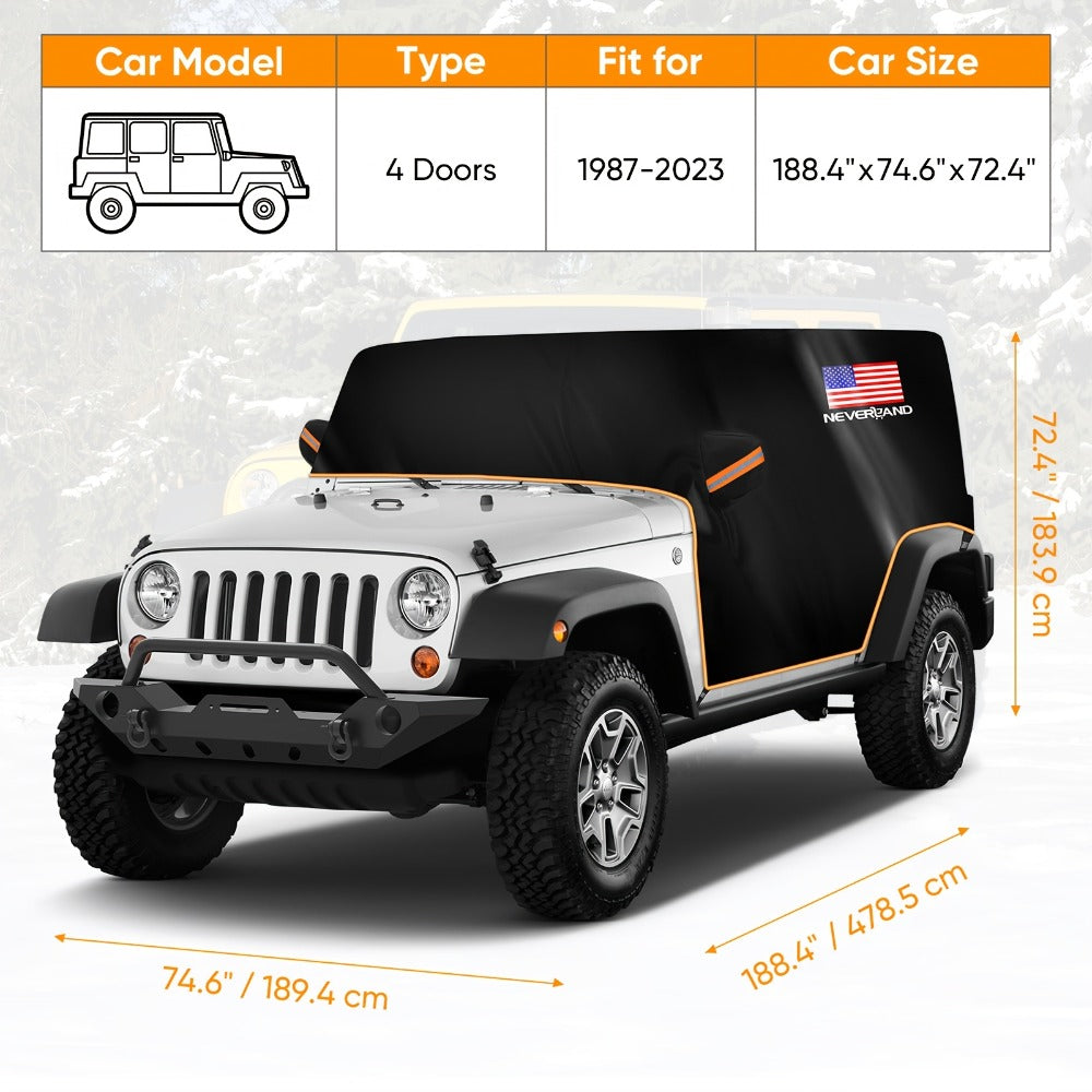 Jeep Wrangler Half Car Cover Waterproof 210D Oxford Fabric – Reflective Strip Windproof Straps for JK JL JKU JLU 2-Door & 4-Door 2007–2024