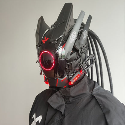 LED Punk Mask with Tubular Braids & Helmet – Futuristic Sci-Fi Mechanical Cosplay Mask for Halloween, Rave Music Festival & Party, Blue Green Pink, Handmade TPU PC Unisex Adult Costume Prop