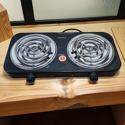 Portable Electric Stove Tabletop Double Burner – Adjustable Rotary Temperature Control, Compact Electric Charcoal Heater for Home, Office, Dorm, Camping, Milk & Coffee Heating, Black
