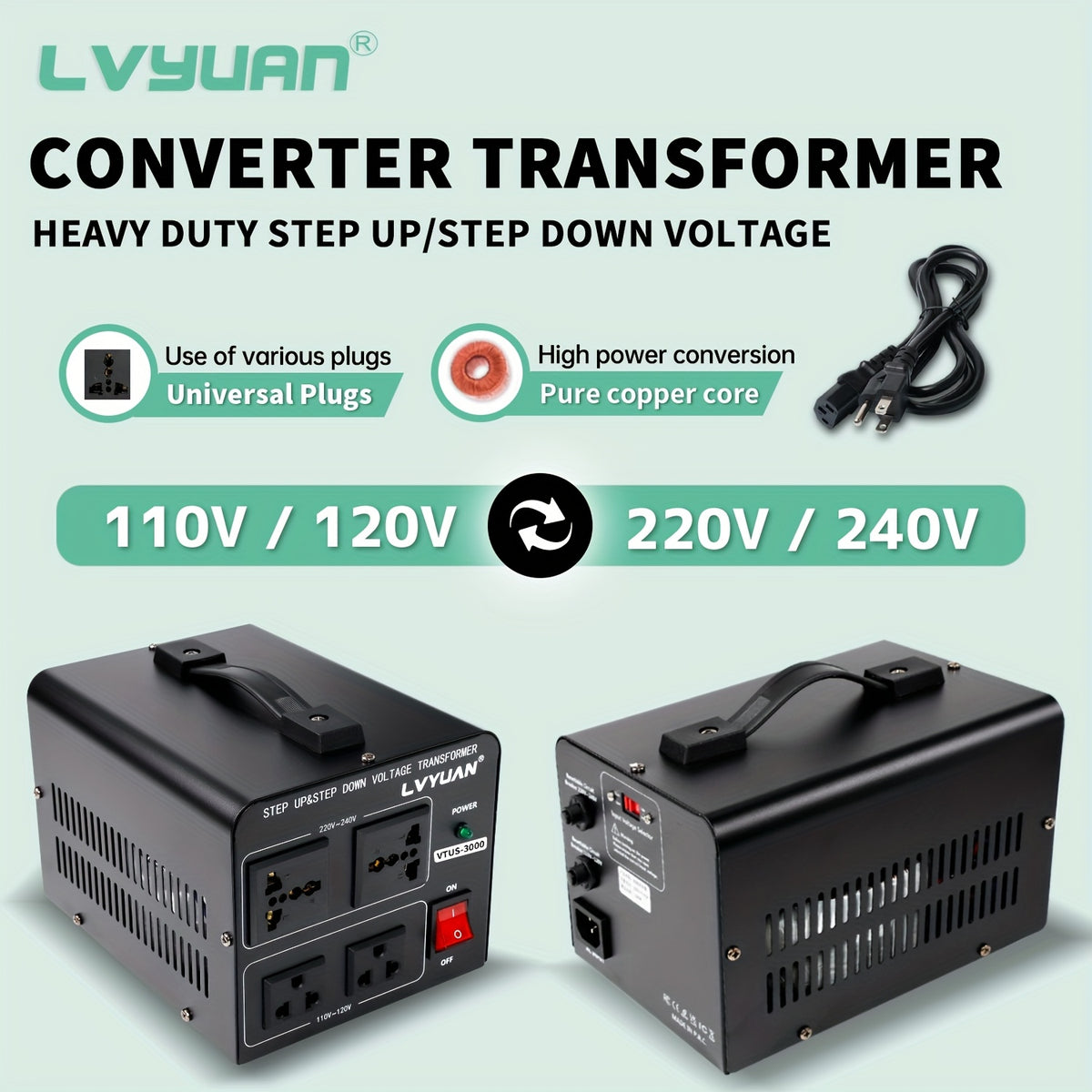 Boost/Buck, 3000VA/5000VA Peak Voltage Converter, 110V And 220V Voltage Converter With US Outlet, Universal Outlet, Circuit Breaker (needs To Be Connected To Electricity For Use), Without Battery