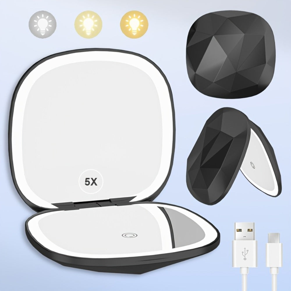 LED Makeup Mirror with 5X Magnification & 3 Color Lights - Dual Sided 1X 5X Lighted Vanity Mirror, Portable Compact Travel Mirror for Women, Purse Desk Office Gift