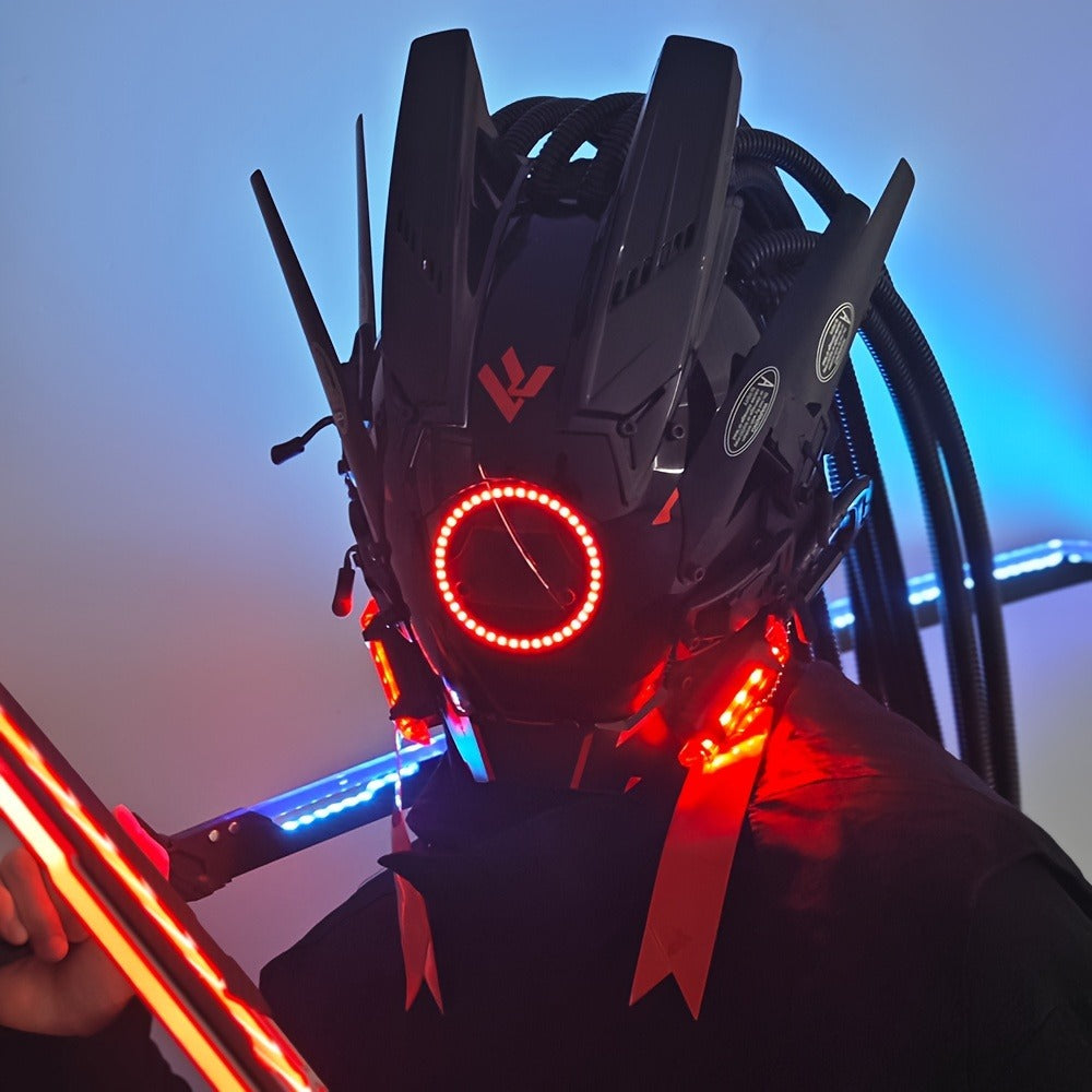 LED Punk Mask with Tubular Braids & Helmet – Futuristic Sci-Fi Mechanical Cosplay Mask for Halloween, Rave Music Festival & Party, Blue Green Pink, Handmade TPU PC Unisex Adult Costume Prop