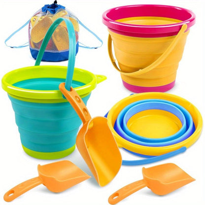 Collapsible Beach Bucket Set 3-Pack with Shovels & Mesh Backpack – Foldable Sand Pail Kit for Kids, Beach Camping Travel Fishing Outdoor Toy, Birthday Party Favor Gift (Yellow/Blue/Green or Pink/Purple/Green)