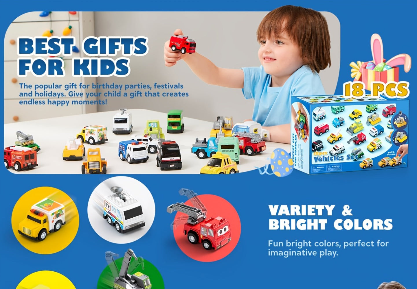 18-Piece Pull Back Mini Cars Set for Kids – City Vehicles Fire Truck Police Car School Bus Freight Train, Friction Powered Toy Cars Boys Girls Ages 3+ Party Favors Gift