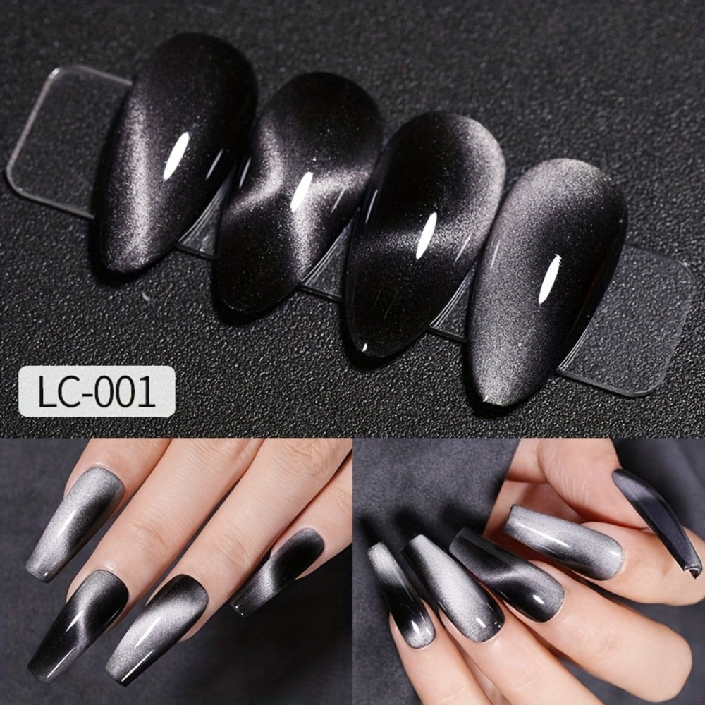 Cat Eye Gel Nail Polish Magnetic 8pcs Aurora Glitter Black Crystal Semi-Permanent — 3D Light-Shifting Nail Art Gel No Base Color Required 0.24oz LED UV Salon Home Manicure
