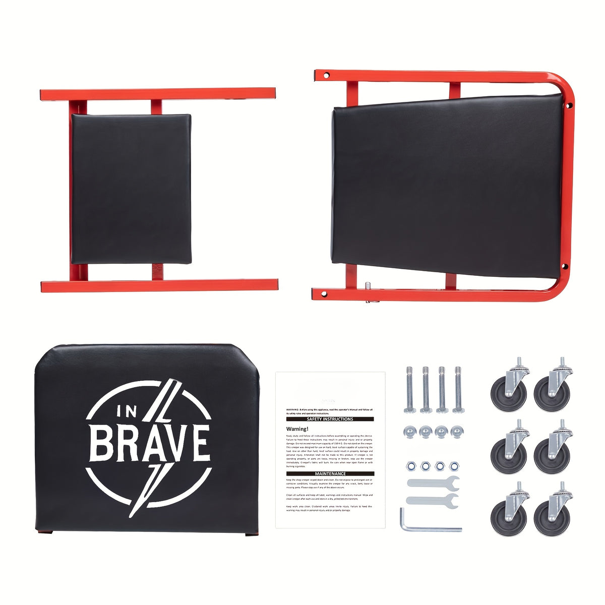 36" Heavy-Duty 3-In-1 Folding Crawler. Professional-Grade with Adjustable Z-Seat (Tilt/Recline). Features 6 Lockable Casters And A 350-650 Lb Capacity. The Essential Red/Black Tool for Multi-Purpose Automotive Repair