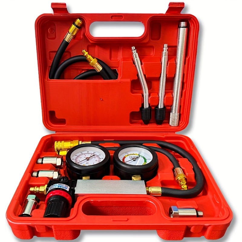 Automotive Kit for Testing Cylinder Leaks, Including a Gasoline Engine Compression Tester And a Dual Gauge Leakdown Detector Tool Set Designed for Pressure Checks And Leakage Rate Assessments on Vehicles Such As Cars, Motorcycles, And Trucks
