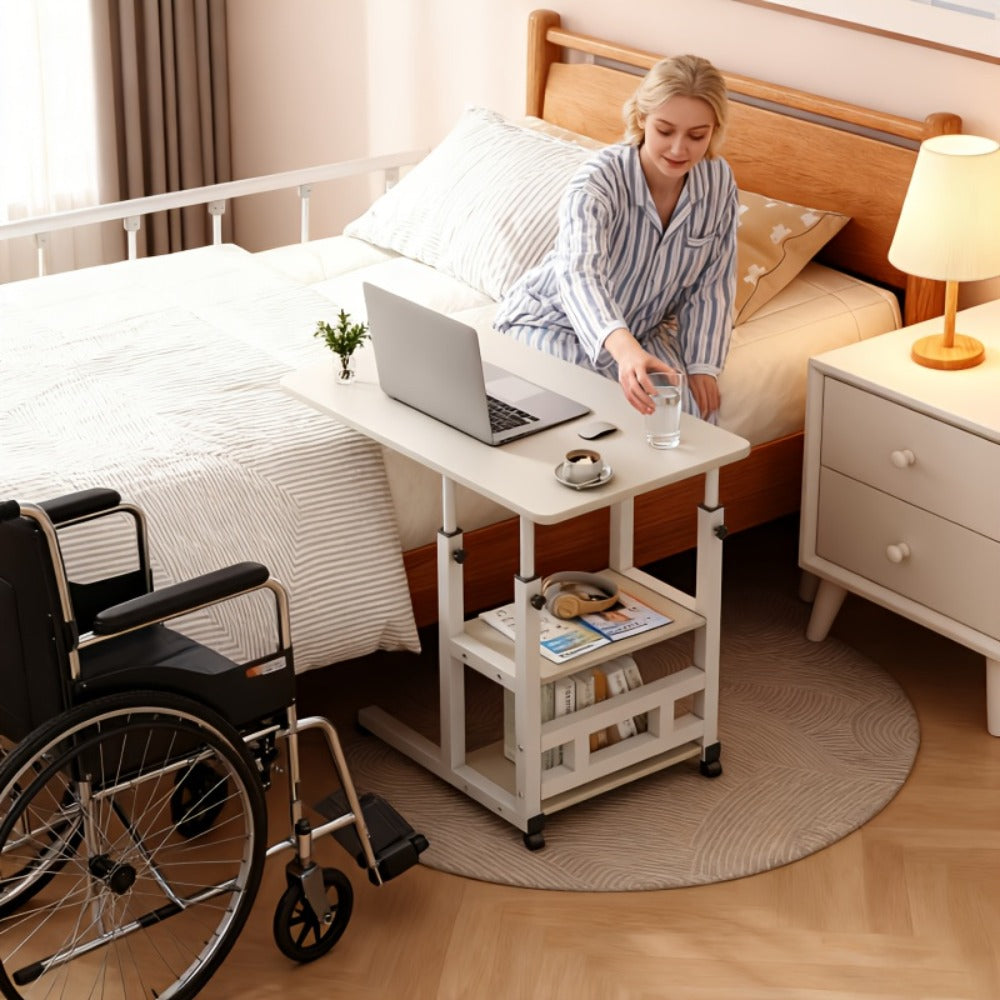 Rolling Overbed Table with Brake Wheels – Adjustable Height Bedside Nursing Dining Table for Elderly & Patients | Lockable Caster Wheels, Over-Bed Card Tray Design, 4 Colors, Practical Gift