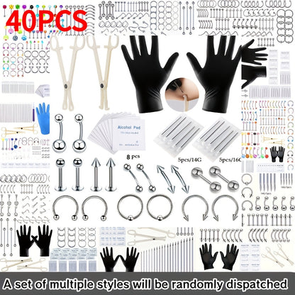 Piercing Kit Stainless Steel Random Set – Nose Bone Ear Tragus Lip Belly Button Eyebrow Piercing Needle Tools with Stainless Steel Jewelry, Trendy Body Piercing Accessories for Men and Women