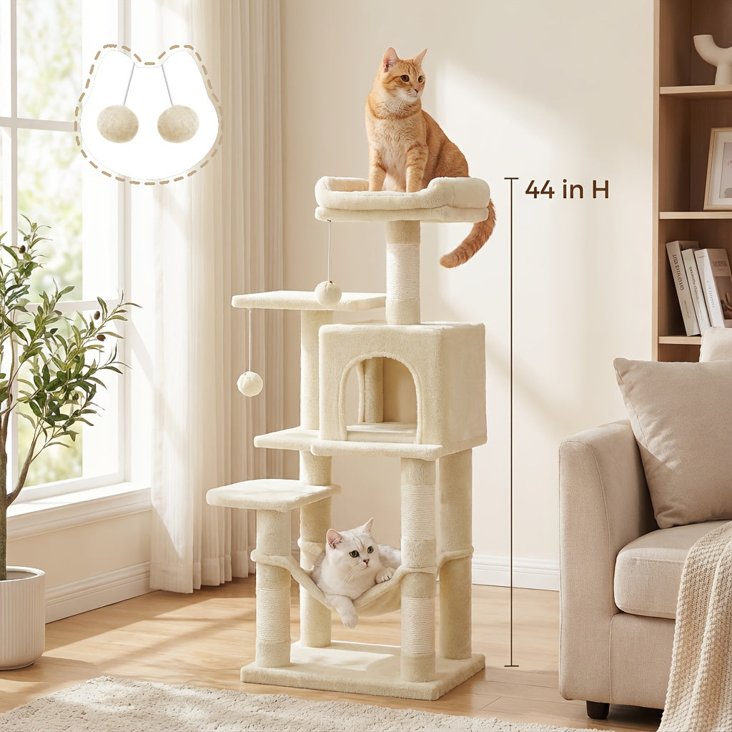 Cat Tree Tower Multi-Level Condo – 44in & 66in with Cozy Cave, Plush Hammock, 4 Sisal Scratching Posts & 2 Perches | Anti-Tilt Stable Cat Playhouse for Multi-Cat Families, Easy Assembly