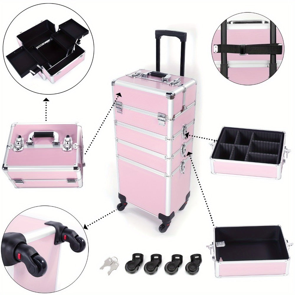 Rolling Makeup Case Aluminum 4-in-1 Extra Large Professional Cosmetic Trolley with 360° Swivel Wheels for Makeup Artist Tattoo Artist Salon Travel Black Pink Silver