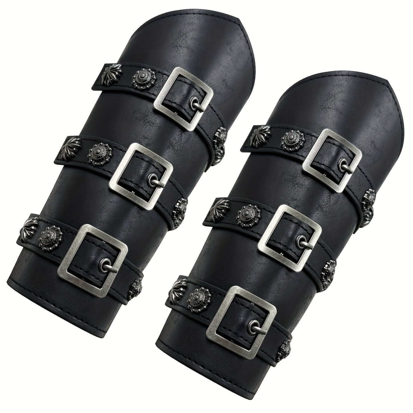 Viking Medieval Leather Arm Guards Bracers – PU Leather Knight Gauntlets Adjustable Metal Buckles Rivets for Men Women Halloween Cosplay LARP Renaissance Fair Stage Costume Dark Brown Khaki Black