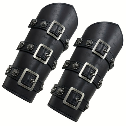 Viking Medieval Leather Arm Guards Bracers – PU Leather Knight Gauntlets Adjustable Metal Buckles Rivets for Men Women Halloween Cosplay LARP Renaissance Fair Stage Costume Dark Brown Khaki Black