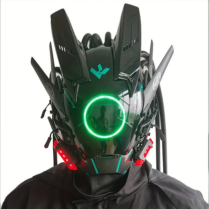 LED Cyberpunk Samurai Mask with Braids – Futuristic Sci-Fi Mechanical Face Mask for Halloween, Cosplay, Music Festival & Rave Party, Blue Green Pink, Free Helmet Included, Adult Gift