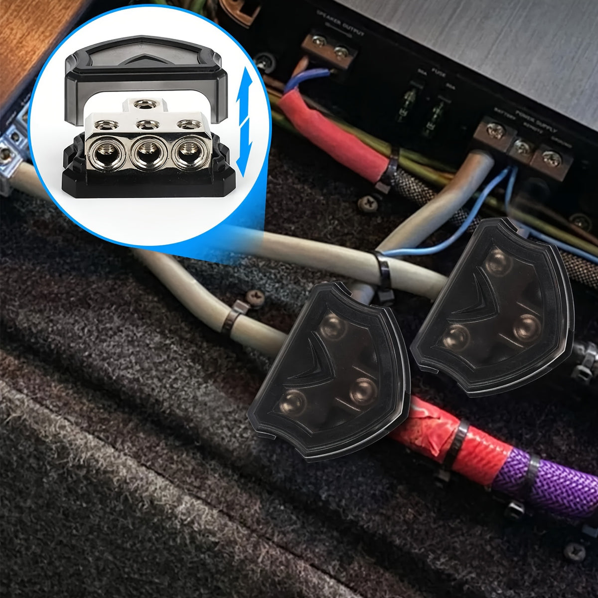 3 Ways Power Distribution Block, 1 X 0 Gauge Input to 3 X 0 Gauge Output Ground Distribution Connecting Block with Cover, Without Battery