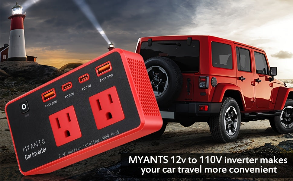 Car Power Inverter 200W, 12V DC to 110V AC Converter Car Outlet Adapter Outlet Fast Car Charger 4 USB Ports 24W [PD & QC 3.0 USB C USB A] Type C Vehicle Power Supply Car Plug Outlet for Road Trips, Camping, Without Battery