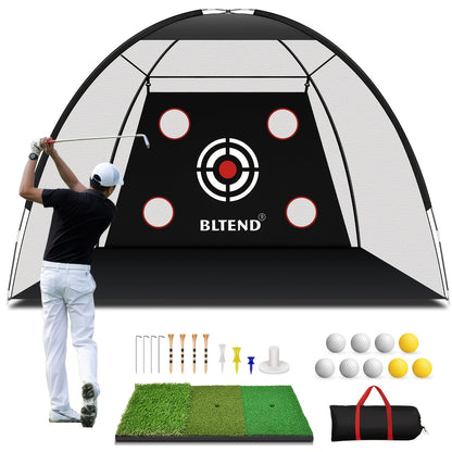Golf Practice Net with Mat Set 10x7ft – Heavy Duty Backyard Driving Hitting Net with Turf Mat Golf Balls Rubber Tees & Carry Bag for Indoor Outdoor Training – Golf Gift for Men Women
