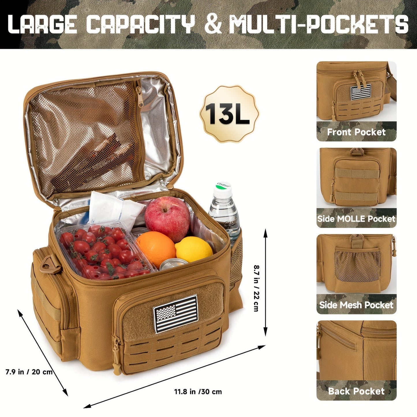 Tactical Insulated Lunch Bag for Men – Expandable Heavy-Duty Cooler Bag with MOLLE Webbing, Leakproof Thermal Lunch Box for Work, Camping, Outdoor Picnic & Hiking – Available in Green, Black & Khaki