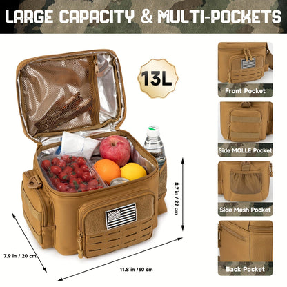 Tactical Insulated Lunch Bag for Men – Expandable Heavy-Duty Cooler Bag with MOLLE Webbing, Leakproof Thermal Lunch Box for Work, Camping, Outdoor Picnic & Hiking – Available in Green, Black & Khaki