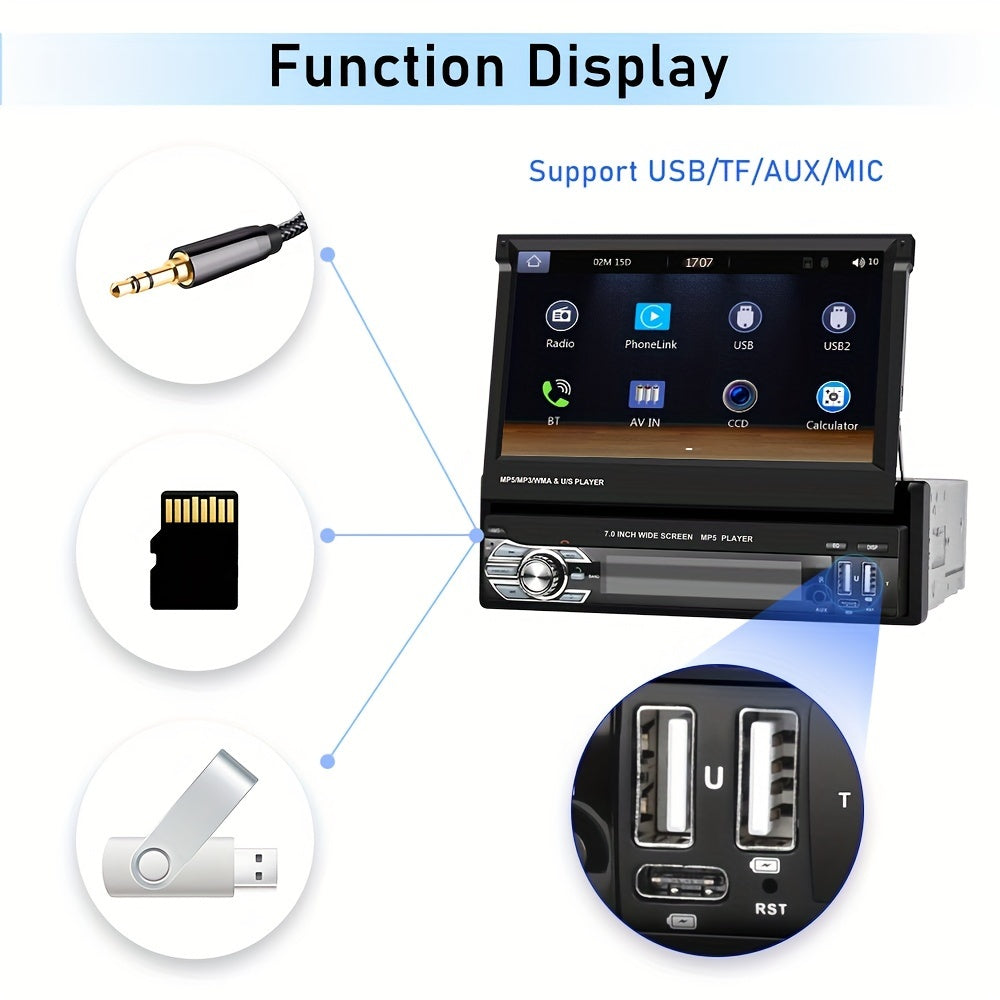 Podofo Wireless Carplayer Single Din Car Stereo 7 Inch HD Flip Out Touchscreen with Wireless Car Player Android Auto, Wireless, Type-C/USB/TF/AUX, SWC, FM, Voice Control, Backup Camera