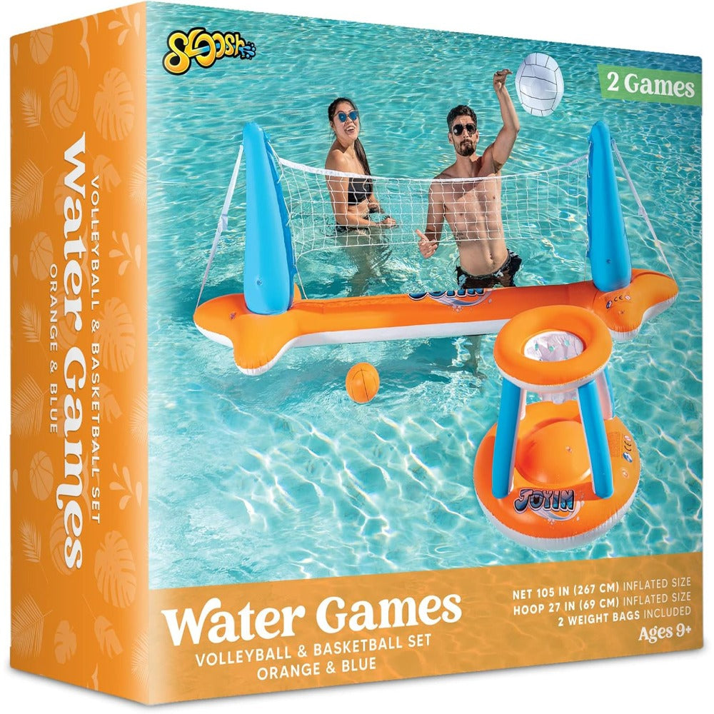 Inflatable Pool Game Set for Kids & Adults – Volleyball Net Court & Basketball Hoops with Balls, Floating Swimming Party Toy for Summer Pool Backyard Outdoor Fun, Large