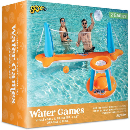 Inflatable Pool Game Set for Kids & Adults – Volleyball Net Court & Basketball Hoops with Balls, Floating Swimming Party Toy for Summer Pool Backyard Outdoor Fun, Large