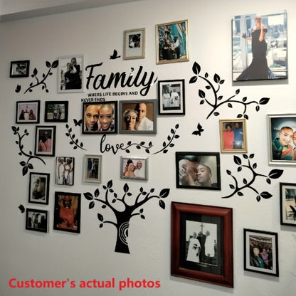 Family Tree Wall Sticker 3D Acrylic Photo Frame Collage – Removable Leaf-Shaped Picture Display with "Family" & "Love" Text, Peel & Stick Living Room Wall Decor, 81.5 x 57.48 Inches