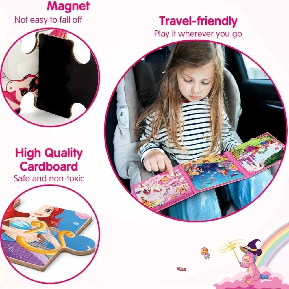 Magnetic Puzzle Book for Girls 3 4 5 6 – 3-in-1 Unicorn Mermaid Princess Travel Puzzles, 20 Pieces Folding Magnetic Jigsaw for Toddlers, Road Trip Car Airplane Activity, Birthday Gift for Little Girls