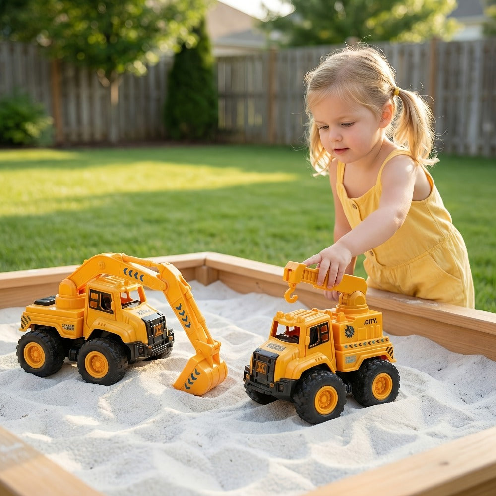 4-Piece Construction Truck Set for Kids – Excavator Dump Truck Crane Cement Mixer Sandbox STEM Engineering Vehicle Playset, Toddler Boy Girl Birthday Gift Ages 3+