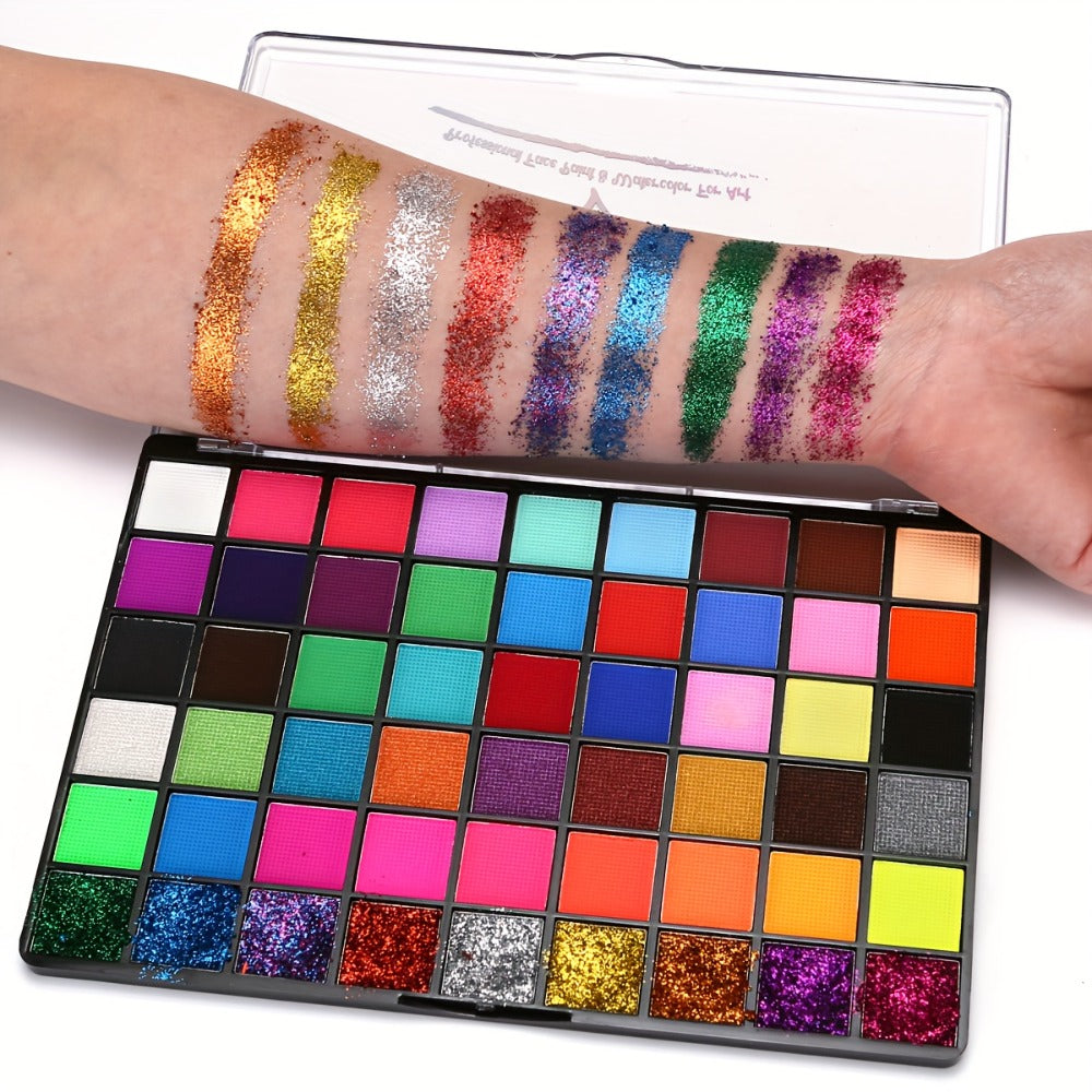 54 Color Face & Body Paint Kit with UV Fluorescent, Matte & Glitter Shades — Pattern Templates, Brushes & Tattoo Stickers for Sports, Cheerleading, Halloween, Festivals & Parties