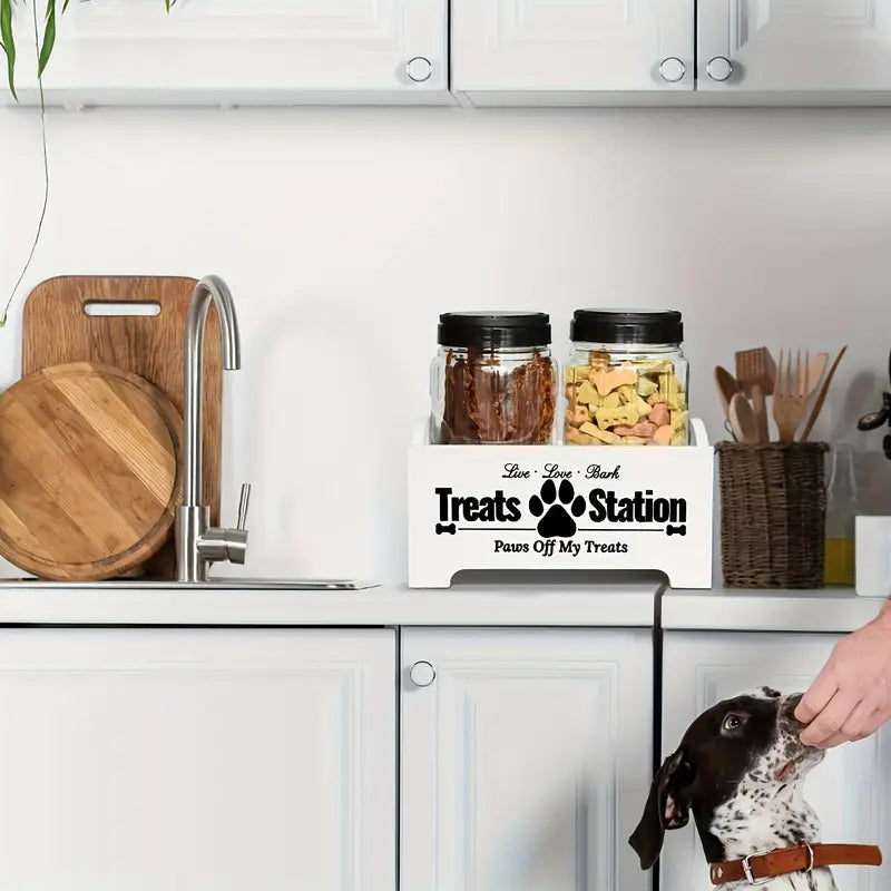 Dog Treat Storage Container Set – Rustic Wooden Organizer with 2 Plastic Treat Bins, Airtight Pet Food Storage for Kitchen Counter, Black & White