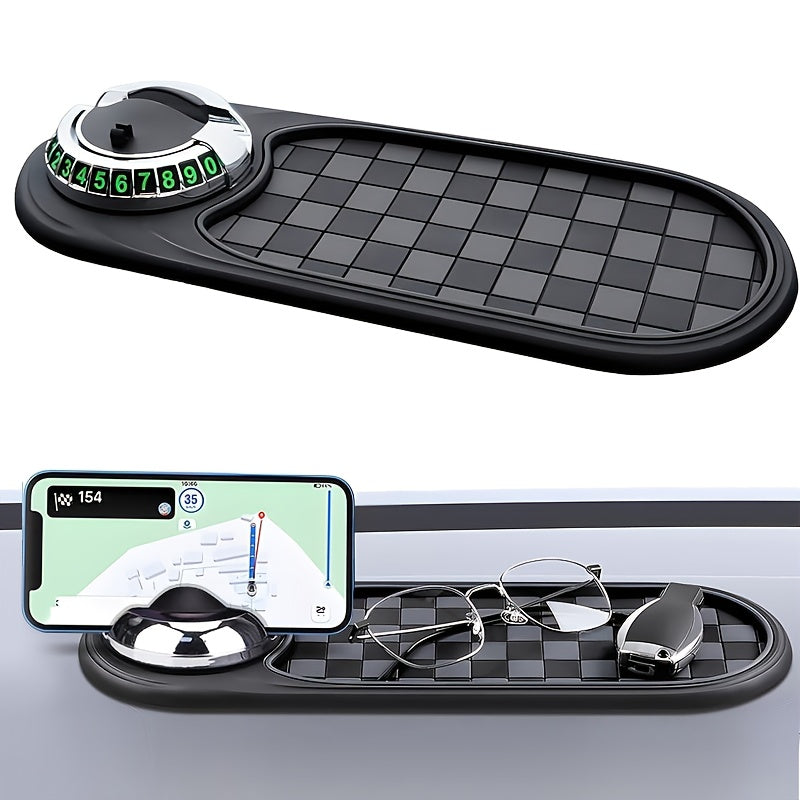 Multifunctional Non-slip Car Dashboard Cushion With Rotating Mobile Phone Holder, Large-capacity Glasses And Key Storage, Heat-resistant Silicone, Lattice Design, Suitable For All Vehicles, Car Mobile Phone Holder, Modern Dashboard Accessories