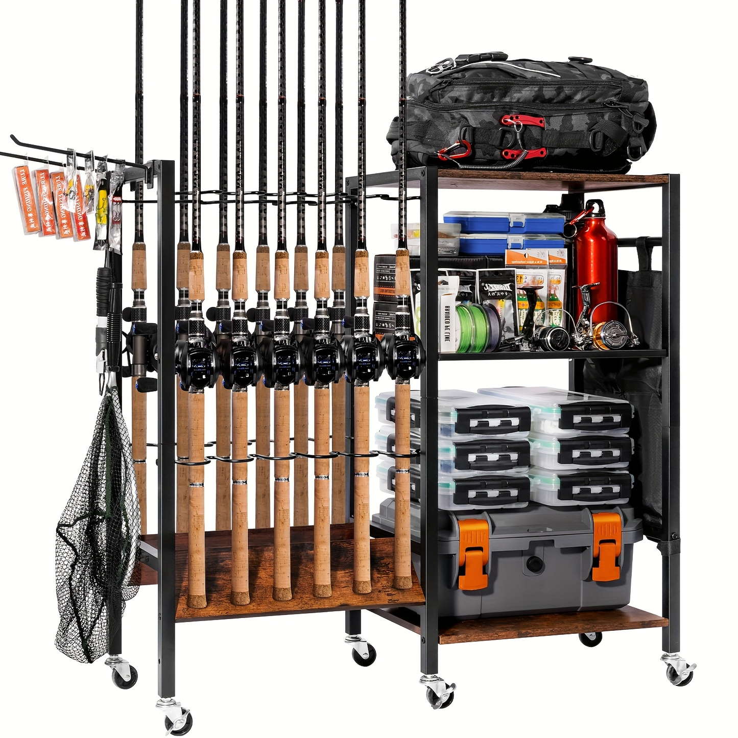 Fishing Rod Holder Rack Rotating Tackle Storage Cart Iron Wood Holds 10 to 12 Rods Garage Fishing Pole Organizer with Wheels Fishing Gear Gift for Men and Women Father Mother
