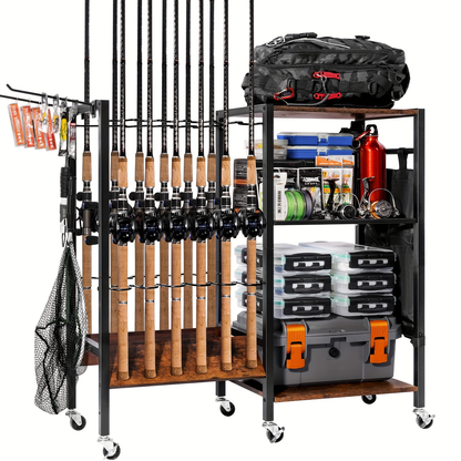 Fishing Rod Holder Rack Rotating Tackle Storage Cart Iron Wood Holds 10 to 12 Rods Garage Fishing Pole Organizer with Wheels Fishing Gear Gift for Men and Women Father Mother