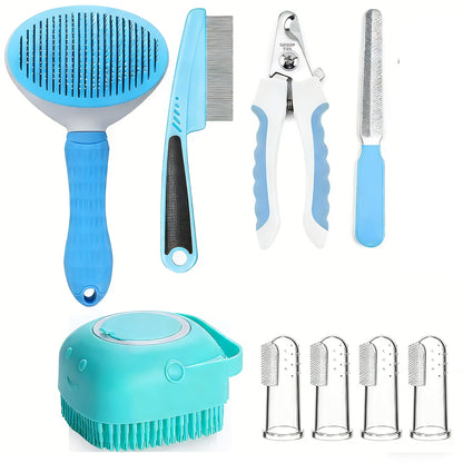 Cat & Dog Grooming Set 9-in-1 & 11-in-1 – Self-Cleaning Slicker Brush, Nail Clippers & File, Flea Comb, Shampoo Brush, Finger Toothbrush & Storage Bag, No Battery, Pink or Blue
